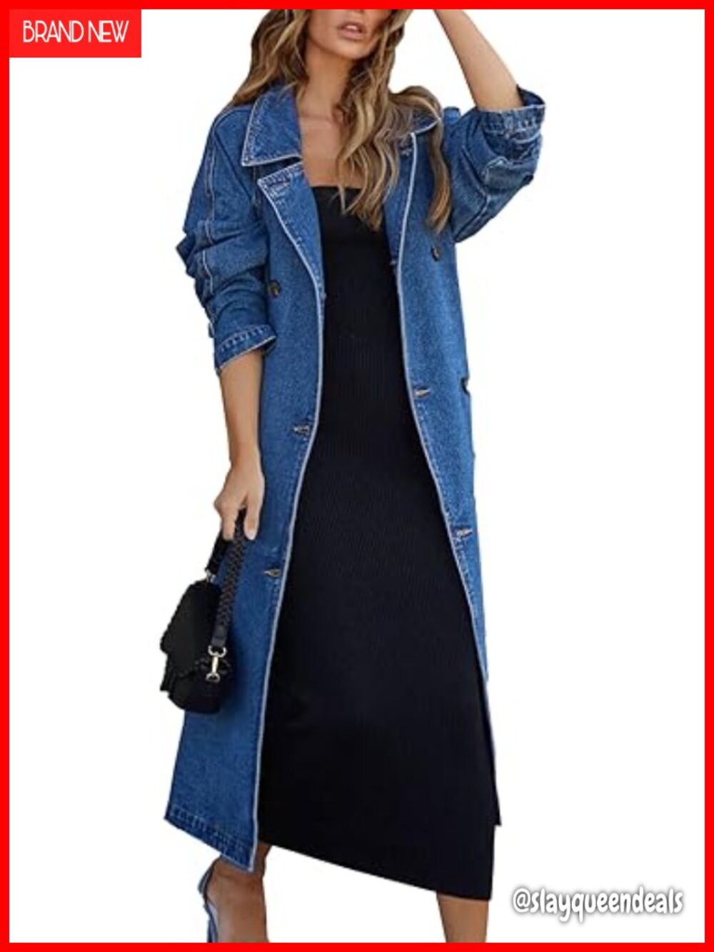 Women's Notched Collar Double Breasted Long Denim Jacket Trench Coat with Belt